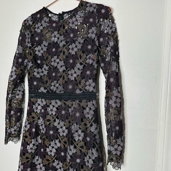 CYNTHIA ROWLEY Linden Purple Black Lace Floral Bell Sleeves Mini Dress Size 4 - Picture 5 of 13